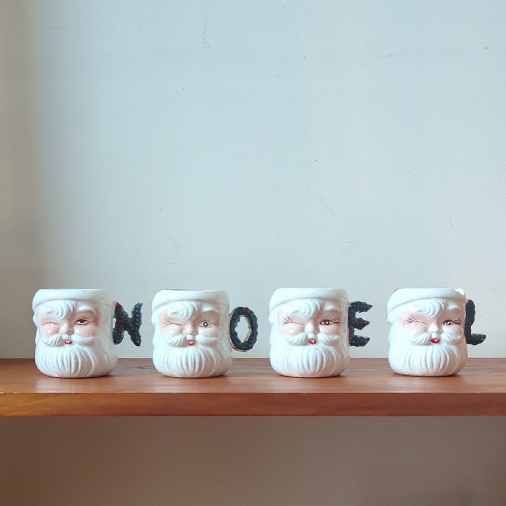 Vintage Small winking NOEL Santa Mug Set Made In Japan